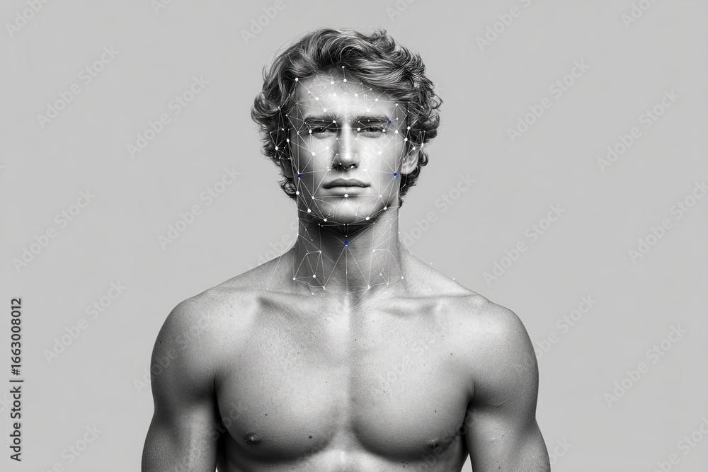 Aufkleber captivating portrait of a confident young man with an artistic geometric design overlay expressing t