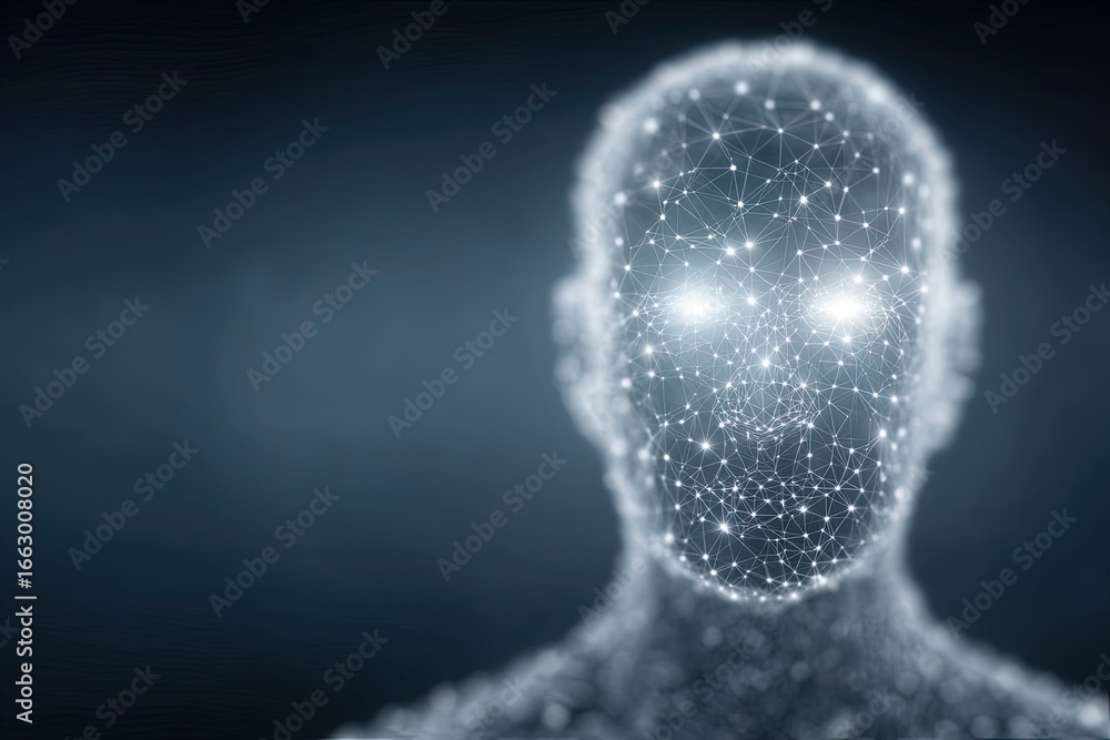 Aufkleber abstract representation of a human face consisting of interconnected nodes and glowing dots depictin