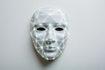 Intricate digital white mask illuminated with a network of glowing connections symbolizing facial recognition technology showcasing the intersection of art and artificial intelligence innovation