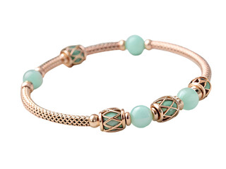 Rose gold bracelet with mint green beads and patterned charms isolated on a transparent background