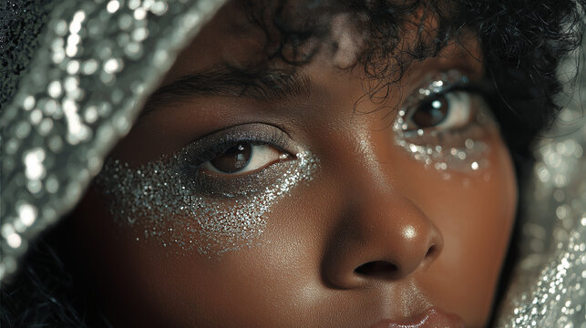 Closeup portrait of a black woman with silver makeup and silver crown, highlighting glowing skin, regal elegance, and artistic beauty.