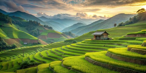 Fototapeta premium Serene mountain retreat surrounded by lush green rice terraces and rolling hills