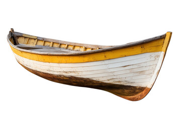 An old wooden rowboat with yellow and white stripes isolated on transparent background