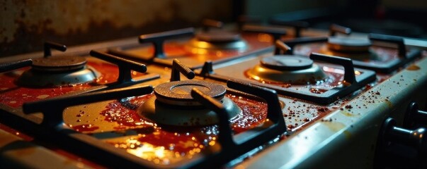 Close-up of a neglected stove; sauce stains and grease under warm light , neglected stove, household appliance