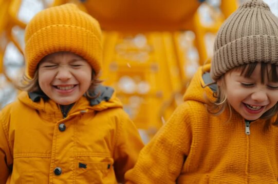 Small children scream and laugh while walking outside playground on an autumn day.