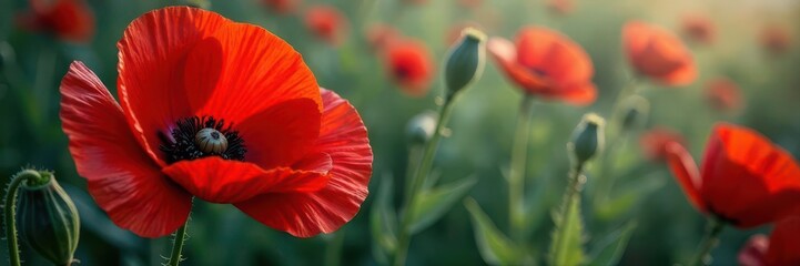 Close-up view of a single red poppy, thick impasto, bright, fine art