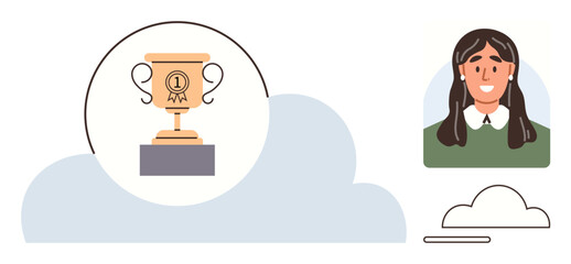 Trophy with first place medal within a cloud beside a smiling woman. Ideal for themes of achievement, recognition, motivation, career growth, teamwork, leadership, personal success. Simple flat