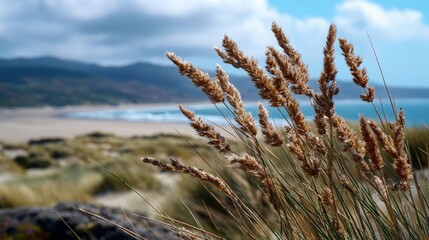 Fototapeta premium Close-up of velvet grass and dunes, with the beach and sea in the background, 16:9