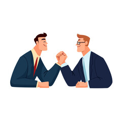 Fototapeta premium Two businessmen arm wrestling, symbolizing competition.