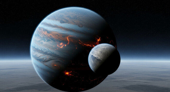 Blue and orange planet with a smaller moon, set against a dark space background.  Illustrates cosmic wonder, exploration, and the vastness of space