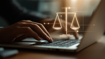 A lawyer working on a laptop with a glowing scales of justice symbol nearby, representing law, legal work, fairness, and justice.