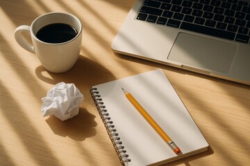Top view of coffee mug, crumpled paper ball, spiral notebook with pencil and laptop on wooden desk representing brainstorming and creativity