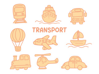 Set of icons with Transportation theme. With doodle style. For layout, website, graphic design.	