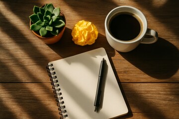 Top view of wooden desk with coffee cup, succulent plant, yellow crumpled paper ball and spiral notebook with pen for creative workspace inspiration