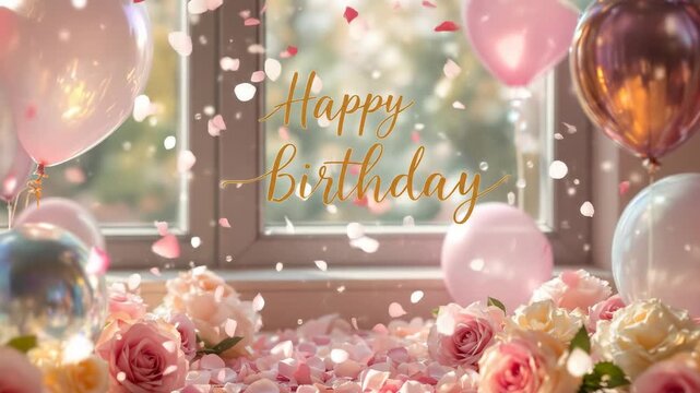 A romantic 'Happy Birthday' greeting with rose petals, pink roses, and balloons, with confetti falling over the scene.