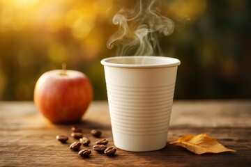 Hot drink steaming in paper cup beside red apple and scattered coffee beans on wooden table with blurred brown background
