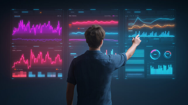 Businessman pointing toward digital board illustrating advertising strategy and online marketing concepts, emphasizing growth, analytics, and modern digital solutions.