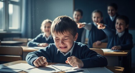 School bullying scene: a sad boy crying at his desk while classmates laugh and point fingers at him, emotional illustration of bullying in classroom setting