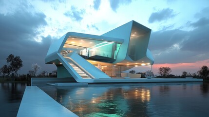 Modern architectural marvel, sleek, white, waterfront house, dramatic sky reflecting in serene pool