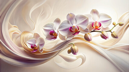 Pink orchids on abstract white cream swirling background