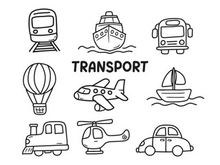 Set of icons with Transportation theme. With doodle style. For layout, website, graphic design.	
