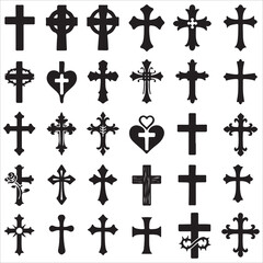 Fototapeta premium Christian Crosses Icon,Christian Cross Black and White royalty free vector icon set,Religion cross. Icon for design. Easily editable