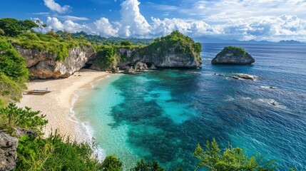 A stunning beach scene with turquoise water, rocky cliffs, and lush greenery, set against a clear blue sky with fluffy white clouds.