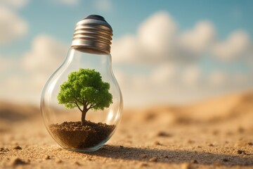 Glass light bulb filled with soil and a green tree seedling on ground against a cloudy sky background symbolizing renewable energy and environmental conservation