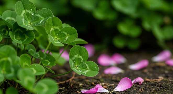 Fototapeta Close-up of clover leaves with water droplets, alongside pink petals on soil, showcasing nature's delicate beauty and contrasting textures, ideal for spring or nature themes