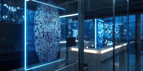 The futuristic display of biometric fingerprint technology in a modern office.