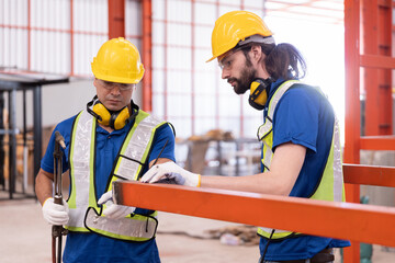 Two industrial engineer worker wearing safety yellow helmets and reflective vests inspect metal...