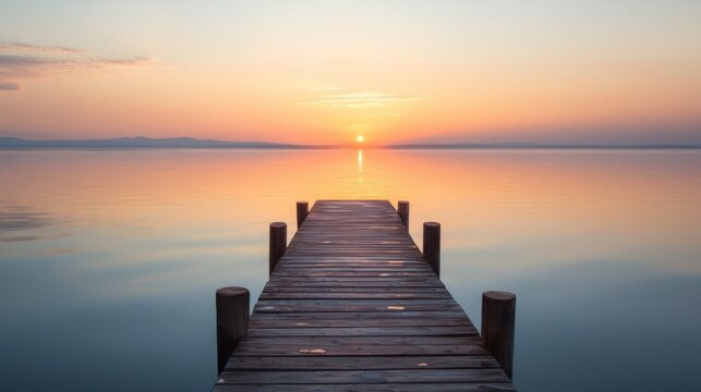 A wooden pier extending into a calm body of water at sunset, with a single sun low on the horizon, casting a warm glow over the scene.