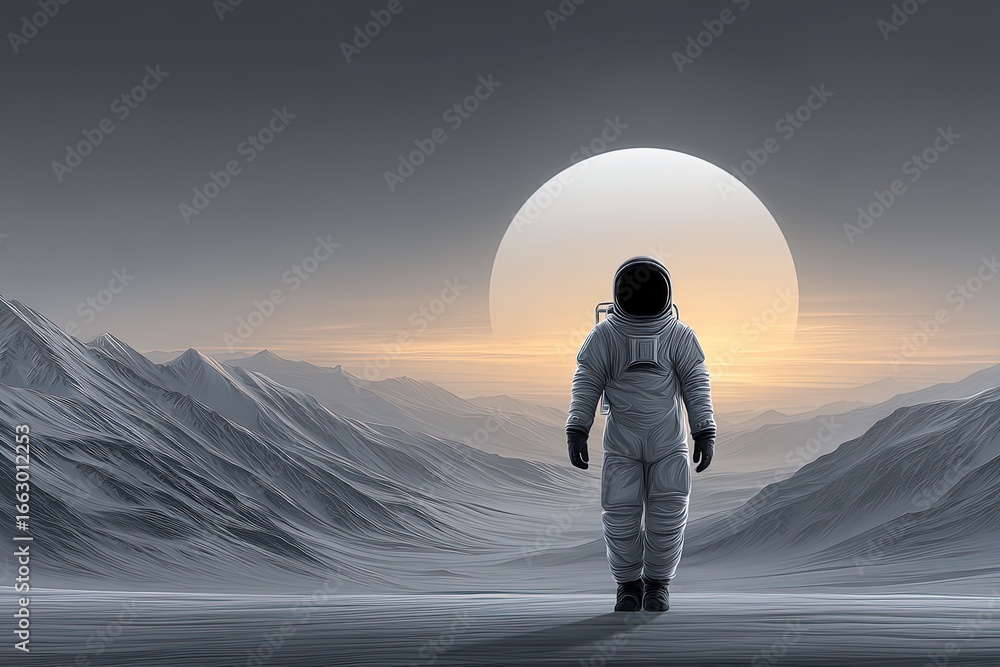 Aufkleber astronaut navigating vast extraterrestrial landscape under the expansive galaxy moon exploring dista