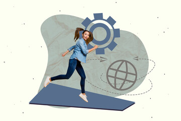 Full 3d poster art collage of happy businessman businesswoman stand arrow development gearwheel...