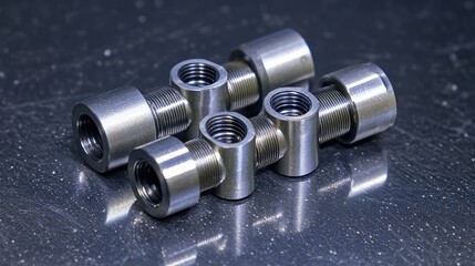 A set of six stainless steel fasteners with female threads, arranged in a loose cluster on a reflective, dark surface.