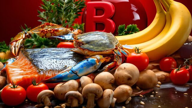 A variety of B Vitamin rich foods including salmon, crab, bananas, potatoes, and mushrooms with a glowing B symbol.
