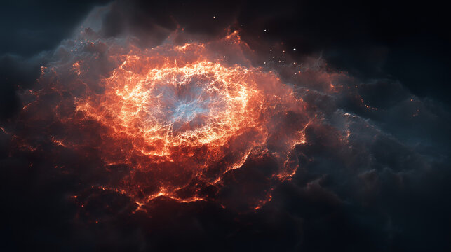 A fiery cosmic nebula with a glowing core radiating brilliant colors and light against the deep, dark expanse of outer space.