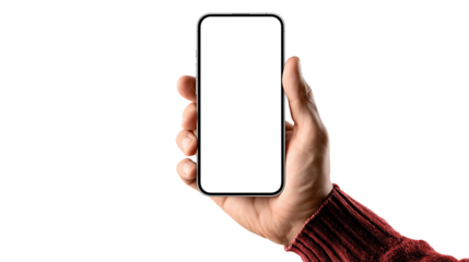 Hand in red sleeve holding smartphone with blank screen. Isolated on black. Perfect for app mockup, mobile design, and digital device presentation