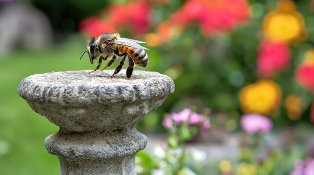A bee perched on a stone bird bath in a garden with a blurred background of flowers.