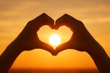Obraz premium Hands forming heart shape framing glowing sun at sunset against warm orange sky symbolizing love, romance and unity