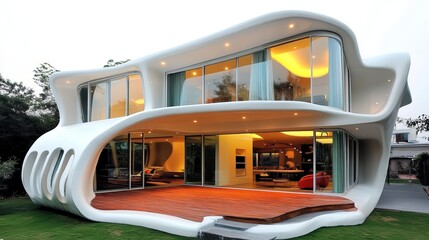 Modern, white, organic-shaped home with large windows, wooden deck, and open-plan interior illuminated warmly. Green lawn surrounds
