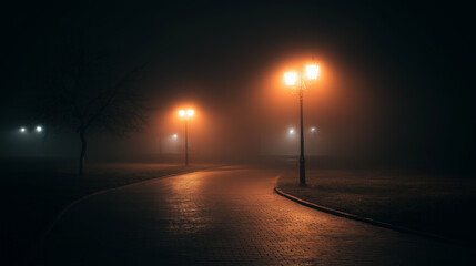 A foggy night path softly illuminated by two glowing lamps, creating a mysterious, atmospheric, and tranquil scene of quiet solitude.