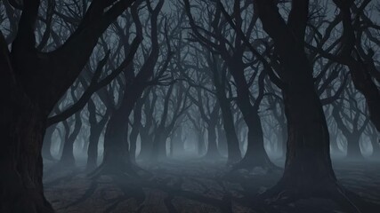 Eerie forest scene with twisted trees, captured from a low-angle, creating a haunting atmosphere. Ideal for a suspenseful video backdrop.