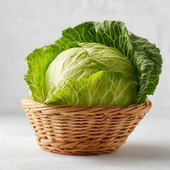 Fototapeta premium Fresh Green Cabbage in Wicker Basket – Minimal Studio Organic Vegetable Photograph