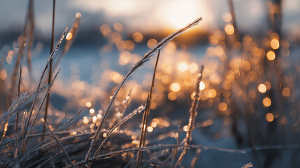 Frozen grass blades glisten at sunrise, with soft bokeh in the background, creating a serene, crisp, and magical morning scene.