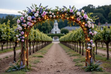 a vineyard floral arch made with grapevine wood beams layered with lavender eucalyptus roses and fairy lights blending perfectly with a romantic winery or countryside celebration