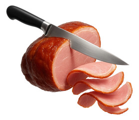 Knife carving a ham, with thin slices falling away.