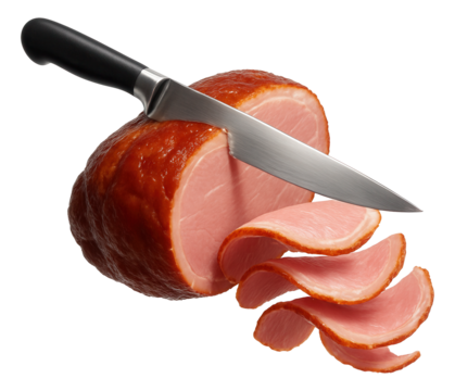Knife carving a ham, with thin slices falling away.