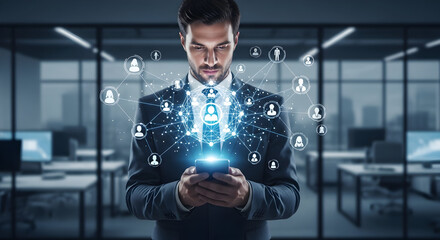Businessman Interacting with Holographic Network Icons for HR, Team Management and Digital Recruiting