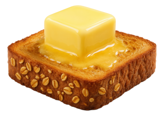 Butter pat dissolving on a toasted oat bread, creating a glistening layer.